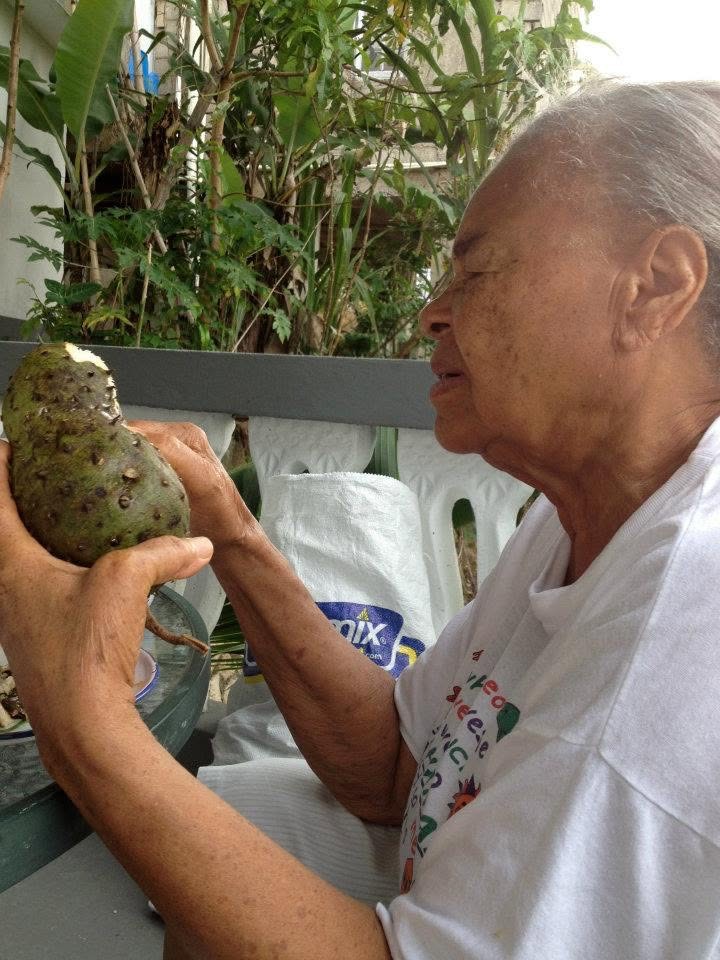 Grandma Beryl peeling a soursop on the veranda